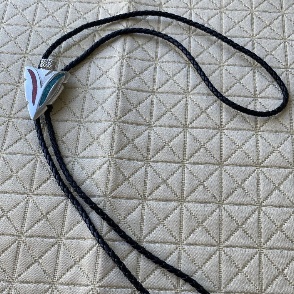 Vintage Western Bolo Tie with Turquoise & Coral Chip Inlay